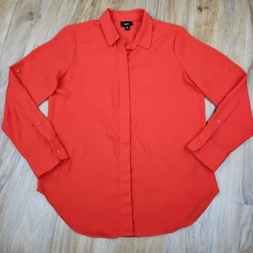 ☔️🩵Mossimo Orange Collared Vneck Buttoned Adjustable Long Sleeve Top Medium